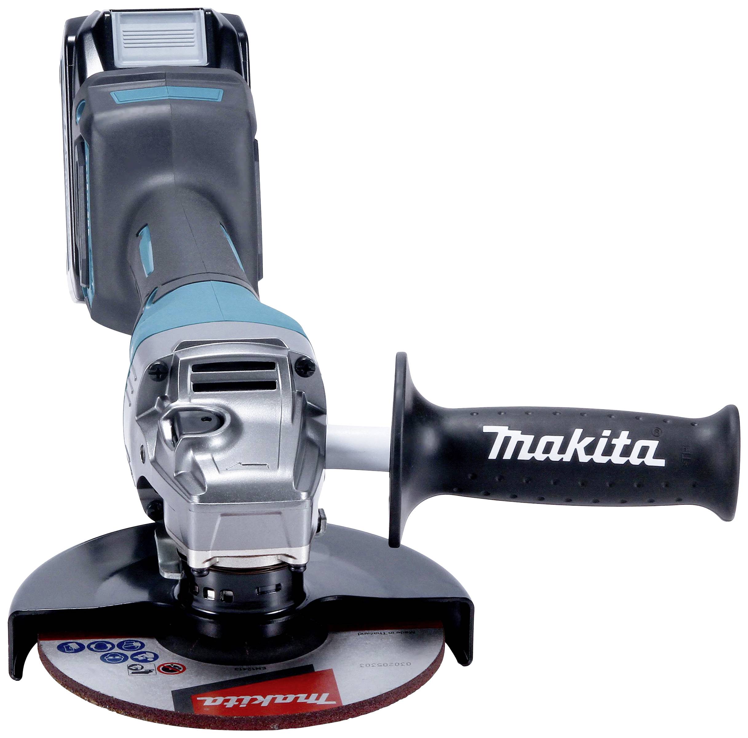 Battery-powered angle grinder with a single handle and grinding disc, with the brand name 'Makita' visible on the auxiliary handle.