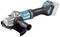 Battery-powered angle grinder with ergonomic handle and Makita logo. Battery compartment at the end, with no battery visible.<br><br>Note: The translation is in British English, maintaining the technical description and key details of the original German text.