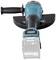 Cordless angle grinder in blue with a black handle and protective guard, against a white background. Battery visible at the end of the tool.