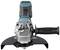 Angle grinder with blue and black casing, ergonomic handle, protective guard, and visible brand logo on the side.