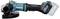 Makita cordless angle grinder, blue-black, with side handle and disc on the left, battery compartment at the rear.