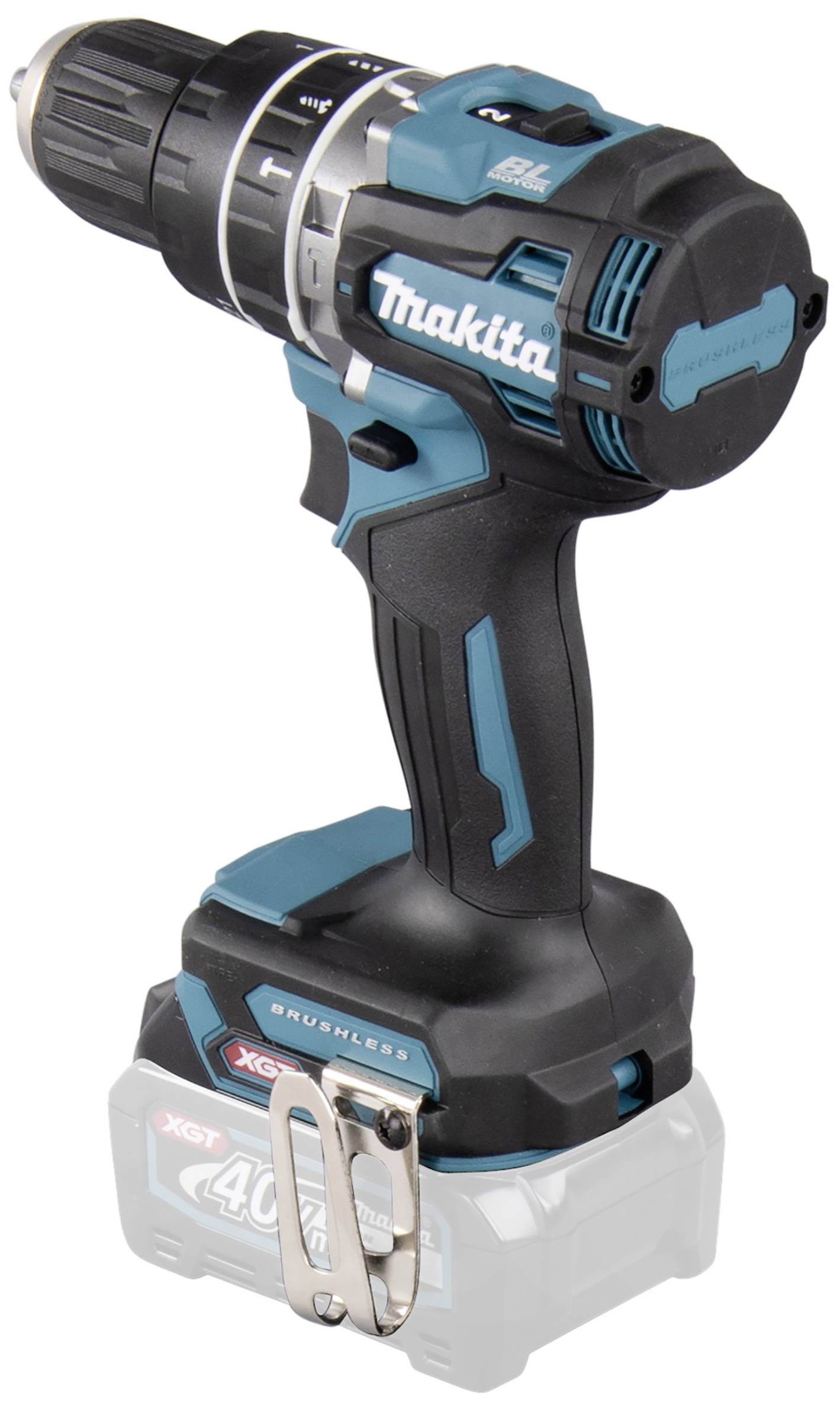 Cordless drill driver with grey and turquoise design, brand name visible. The tool has an ergonomic handle and operates wirelessly.