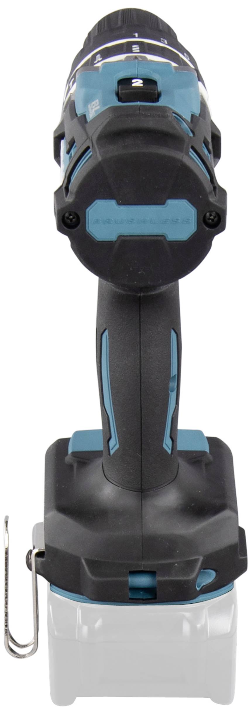 Cordless drill driver with a black handle and blue-black casing, viewed from behind. Battery compartment empty, belt clip on the left.