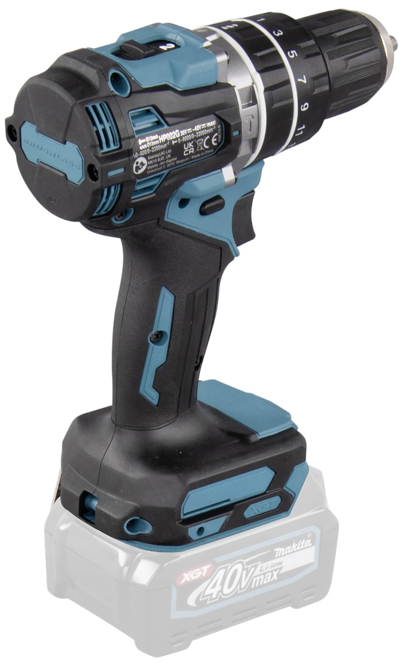Cordless drill in blue and black with a 40V battery, standing upright.