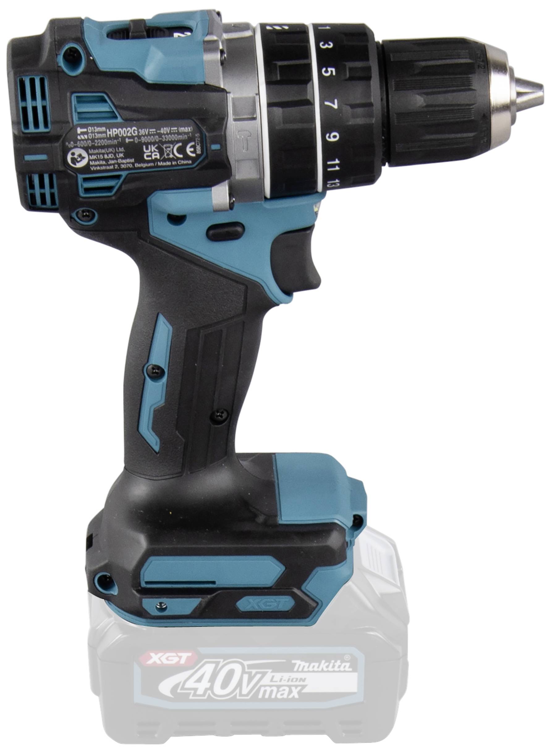 A blue and black cordless drill, standing upright, with torque settings and an ergonomic handle.