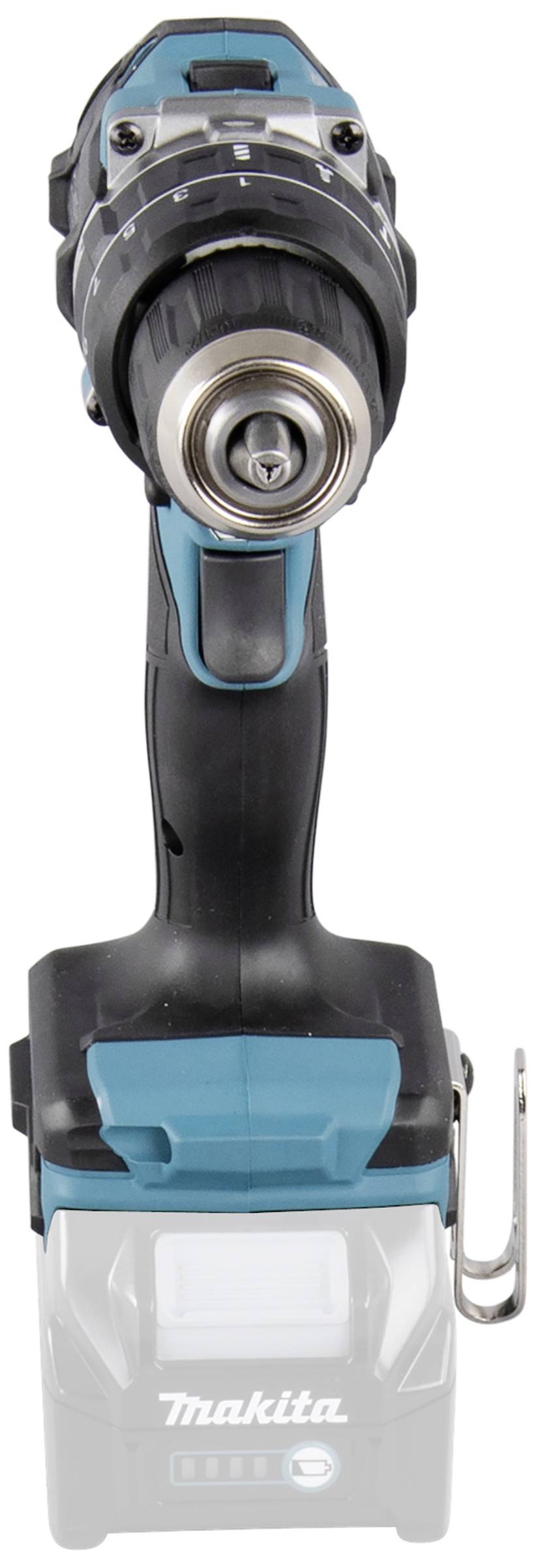 Cordless drill with a blue-black casing, pictured from the front.