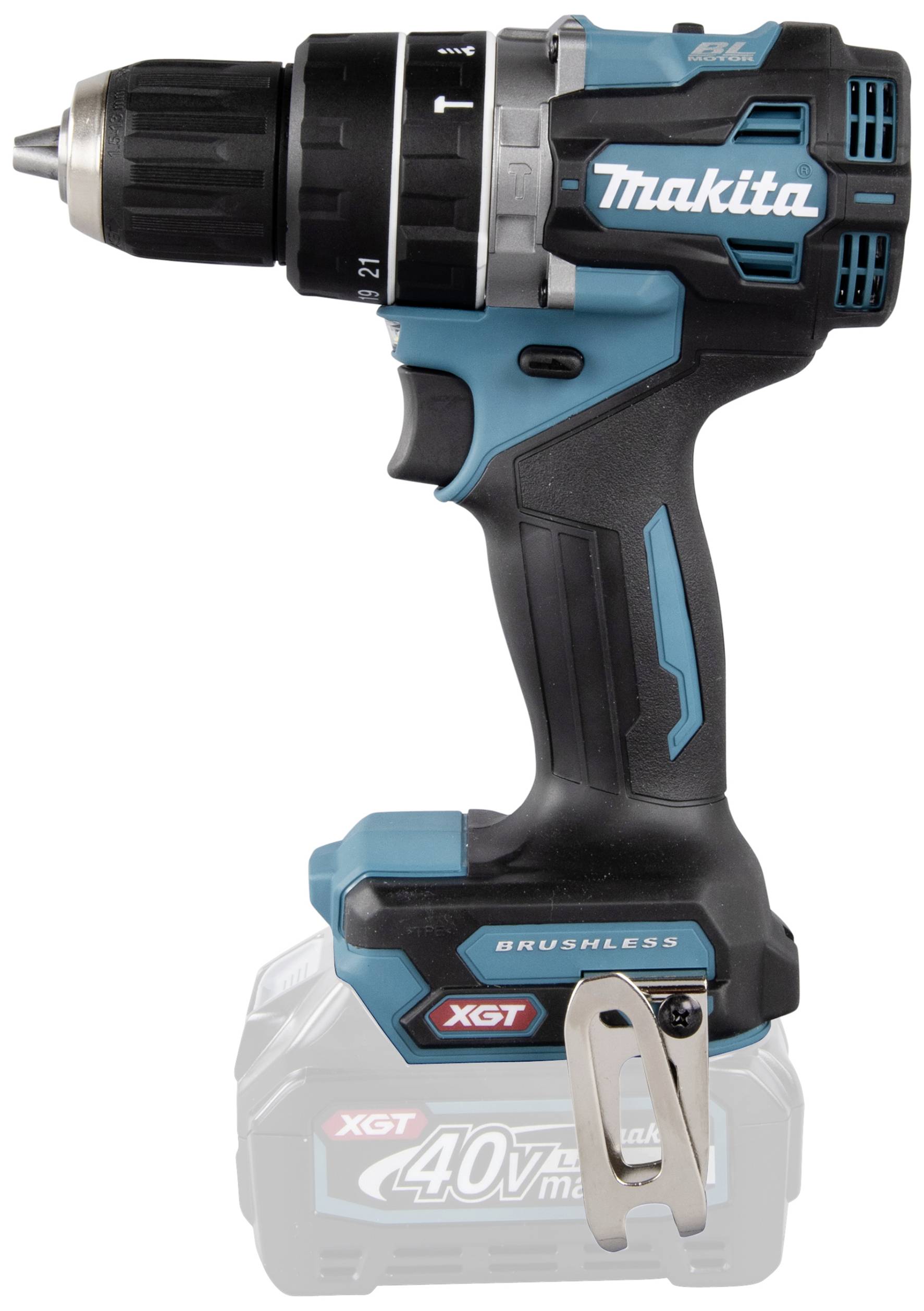 Cordless drill driver with black and blue design, ergonomic handle, and clear view of battery and torque settings.