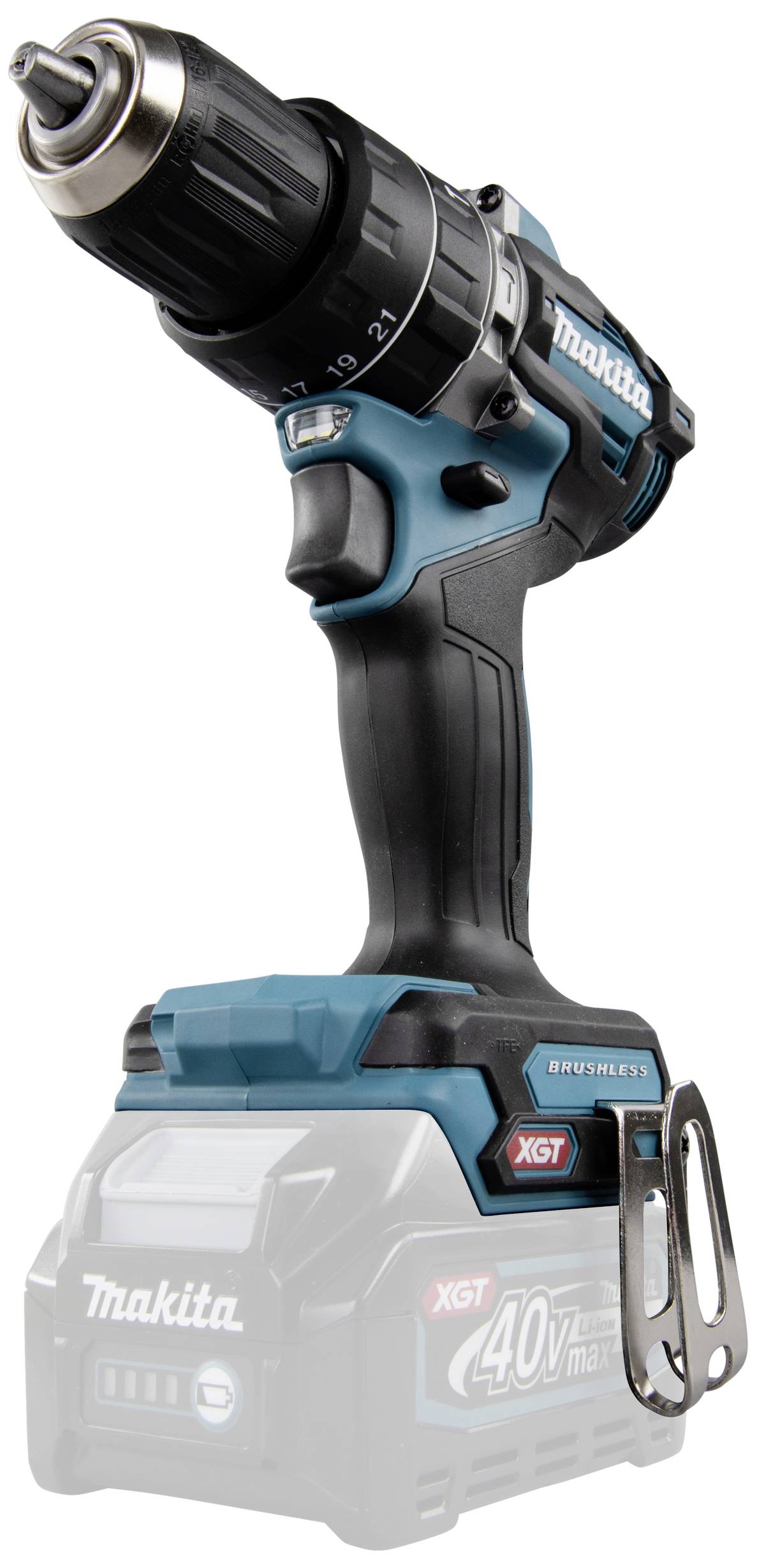A cordless battery drill driver in black and blue, with an ergonomic handle and attachment, positioned on a white background.