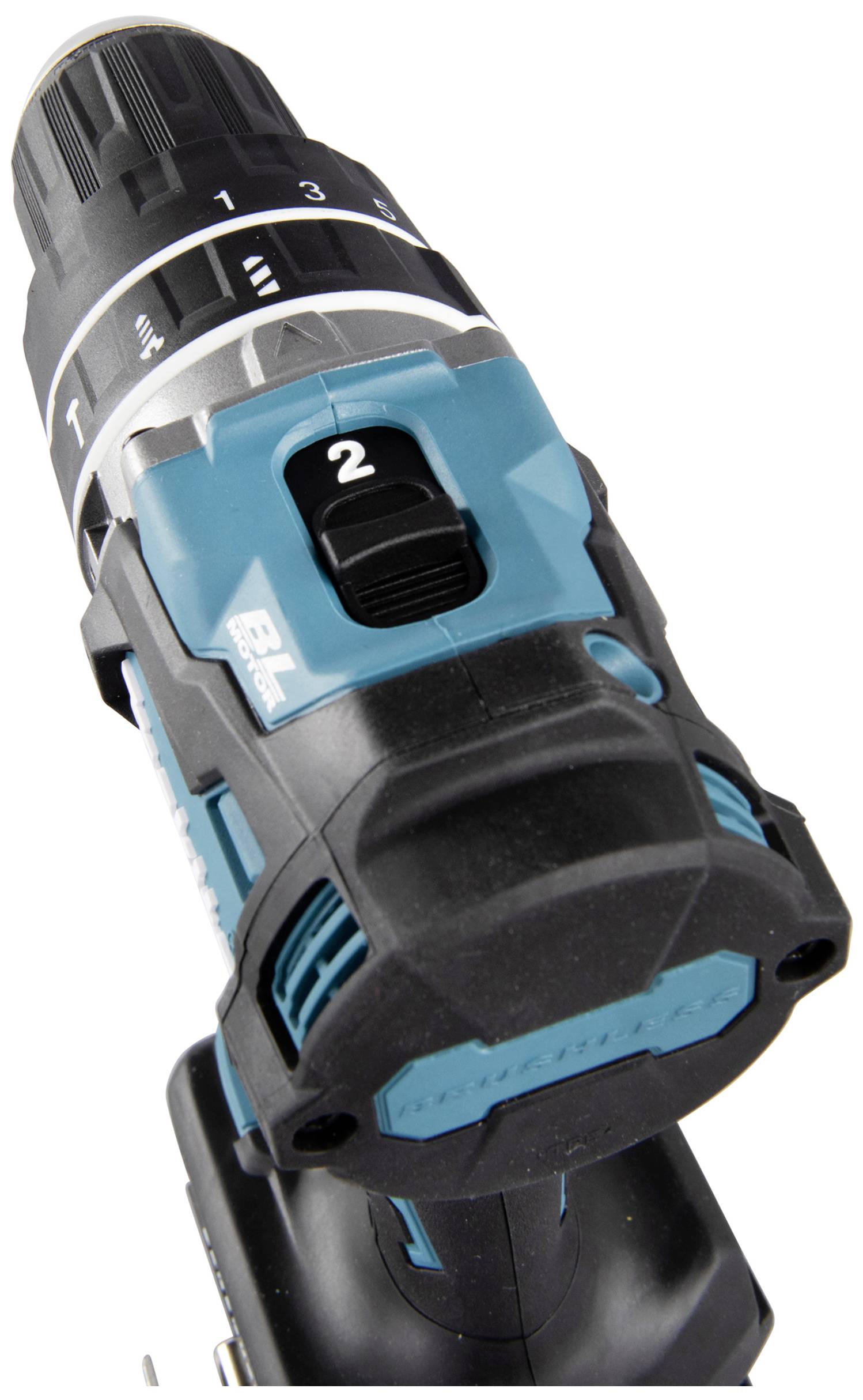Cordless drill in close-up, focusing on the torque selector and speed settings.