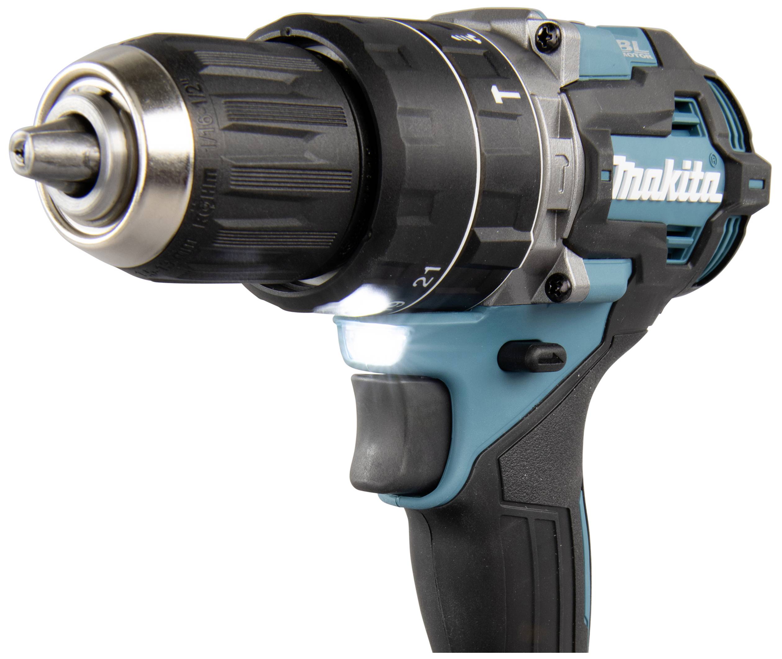 Black and navy blue cordless drill in close-up, with silver details and LED light at the tip.
