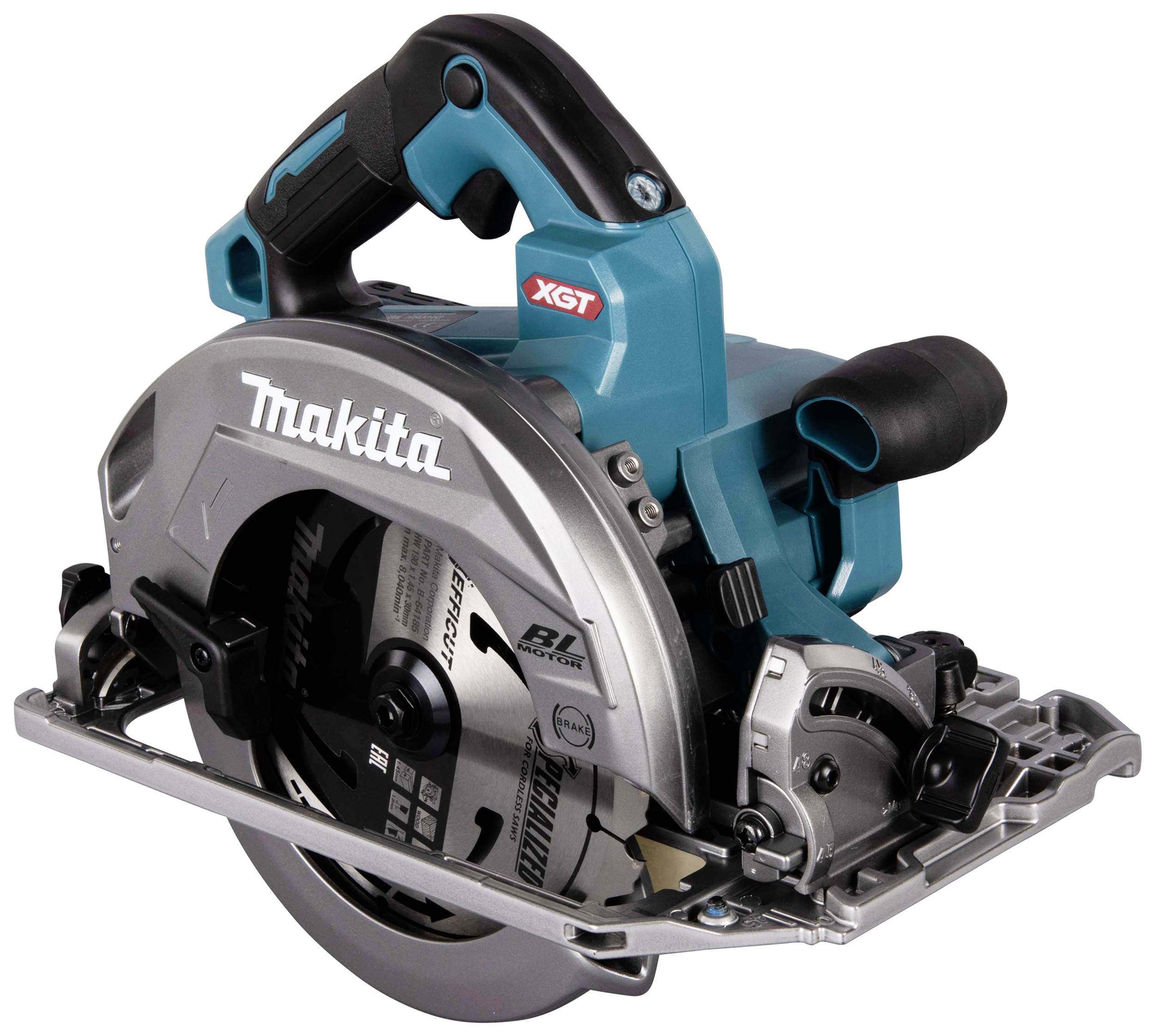 Electric circular hand saw in blue and grey with the 'Makita' print on the casing.