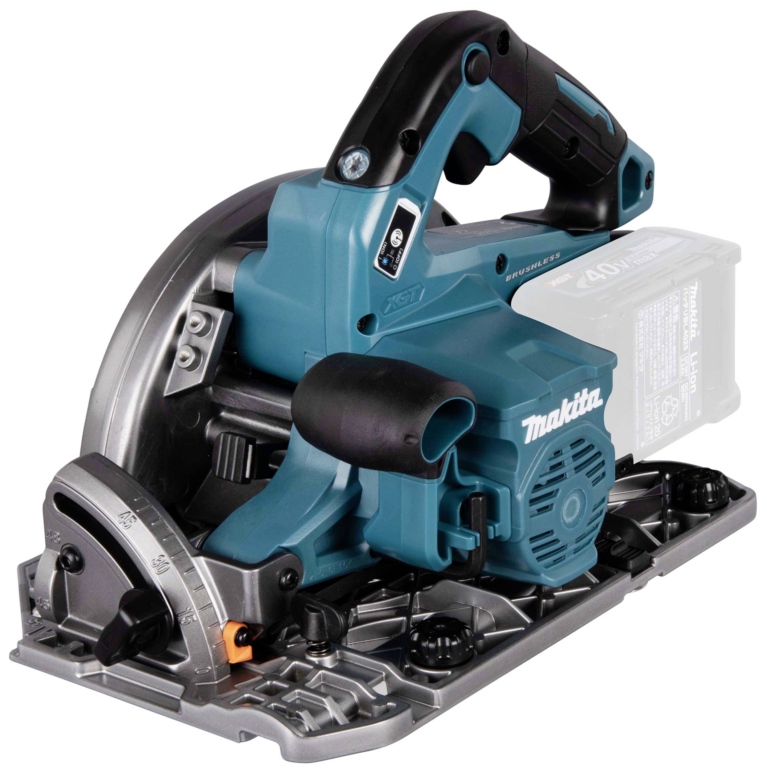 Circular saw with blue and black colouring. It has a sturdy handle and a sharp metal blade, suitable for woodworking.