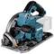 Circular saw with blue and black colouring. It has a sturdy handle and a sharp metal blade, suitable for woodworking.