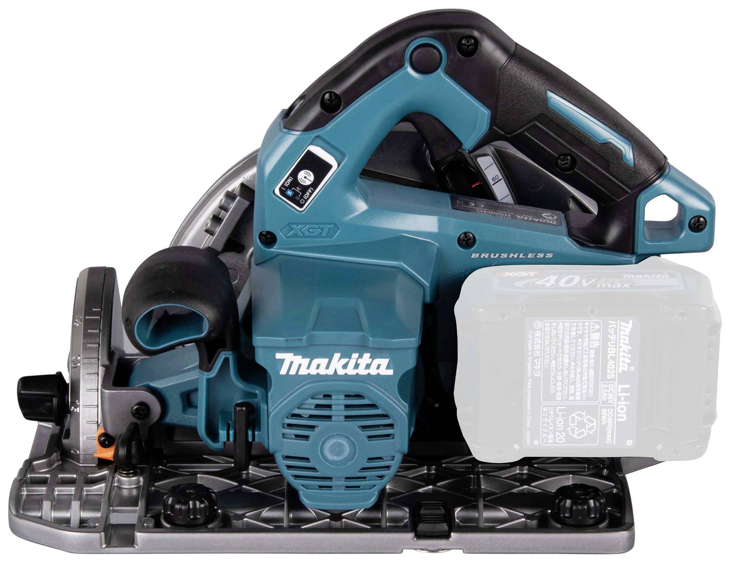 A blue, battery-powered Makita circular saw, pictured from the side. It features ergonomic handles and precise adjustment options.