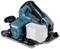 A blue-black battery-powered circular hand saw by Makita. It is placed on a grey surface, with the battery inserted.