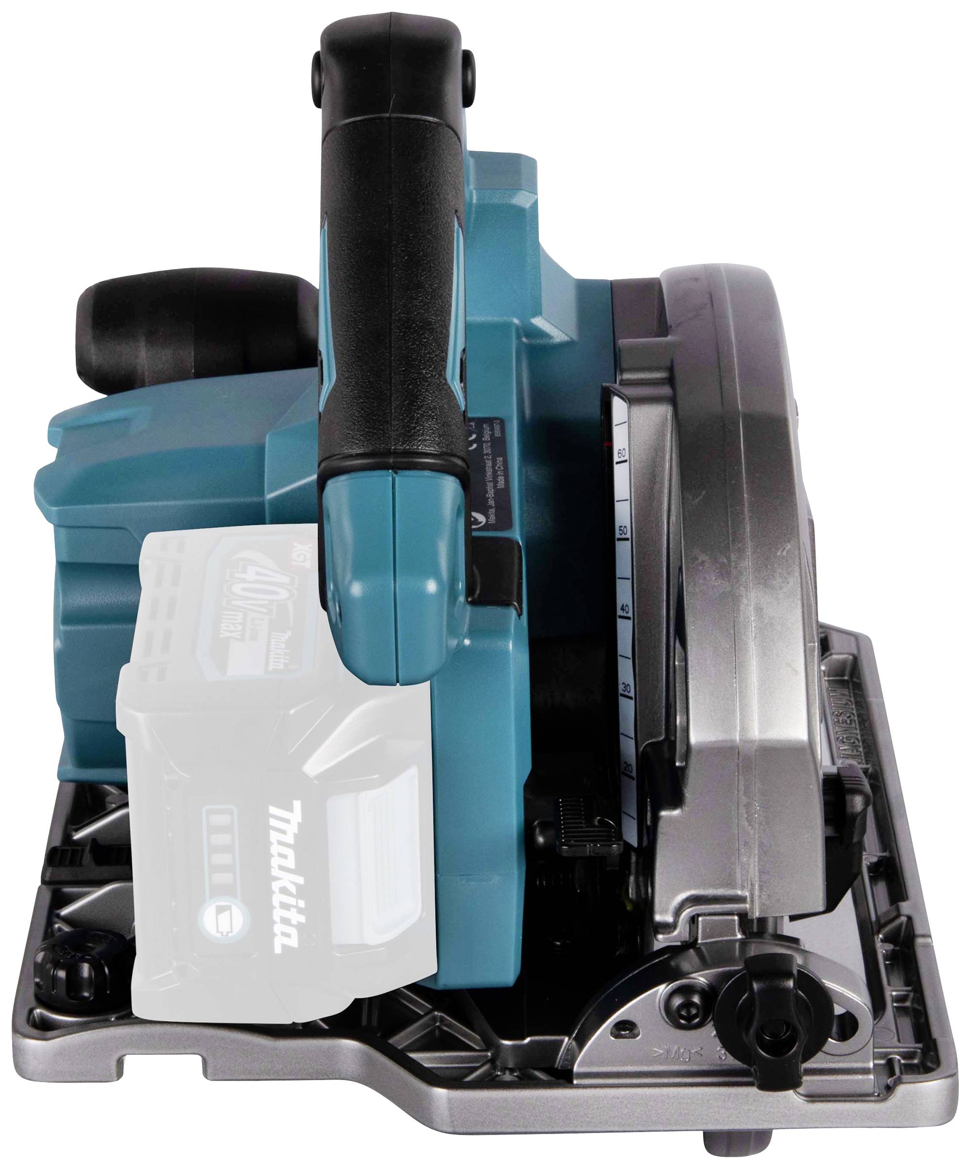 Cordless hand circular saw for woodworking, side view, showing the handle and battery compartment.