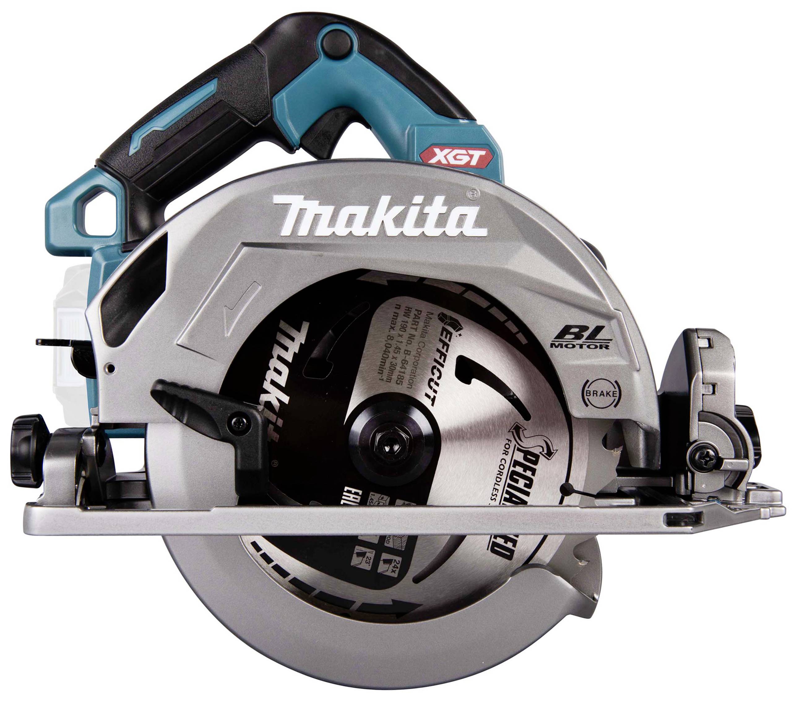 'Cordless circular hand saw in blue and grey, model with ergonomic handle. The 'XGT' marking suggests a high-performance series.'