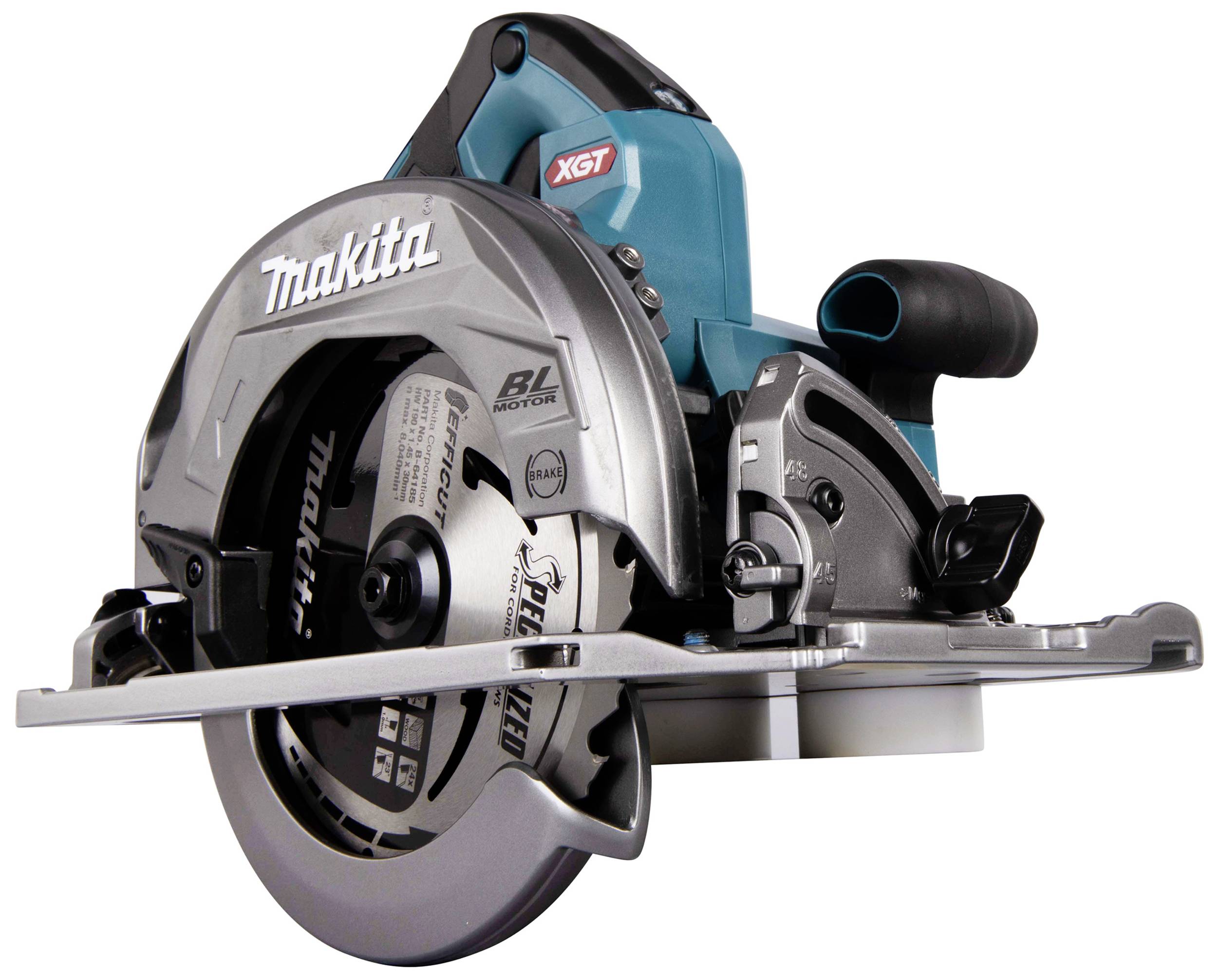 A Makita cordless circular saw with a blue casing and silver blade. It is suitable for use in construction work.