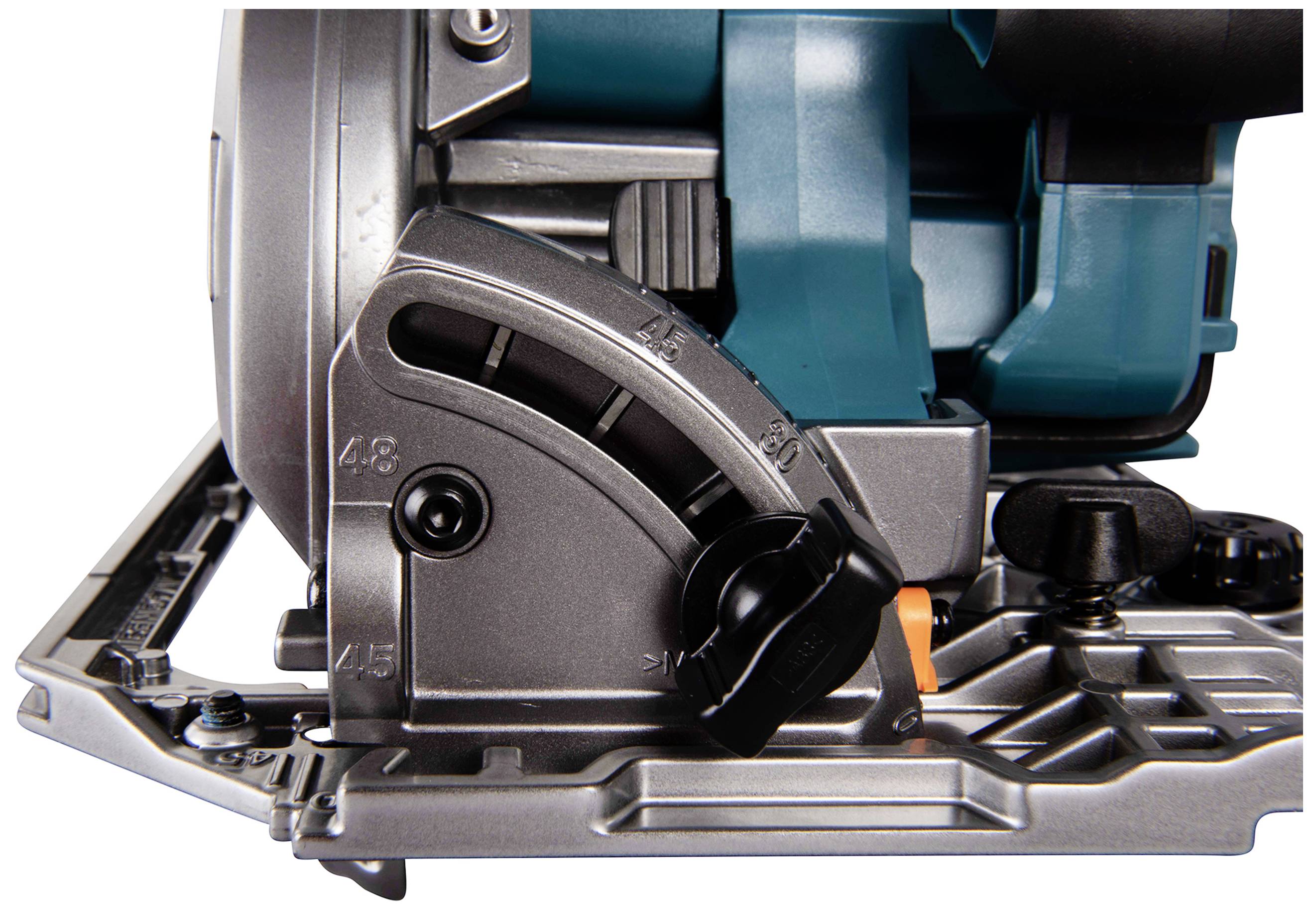 Close-up of a circular saw with a blue and grey housing, focused on the adjustable cutting angle mechanism and scale.