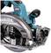 Portable, cordless circular saw by Makita. The grey blade is partially visible, surrounded by a turquoise-coloured casing.