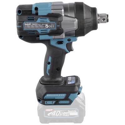 Cordless drill with blue-black design, shown from the side. Brand name and technical details visible on the device.