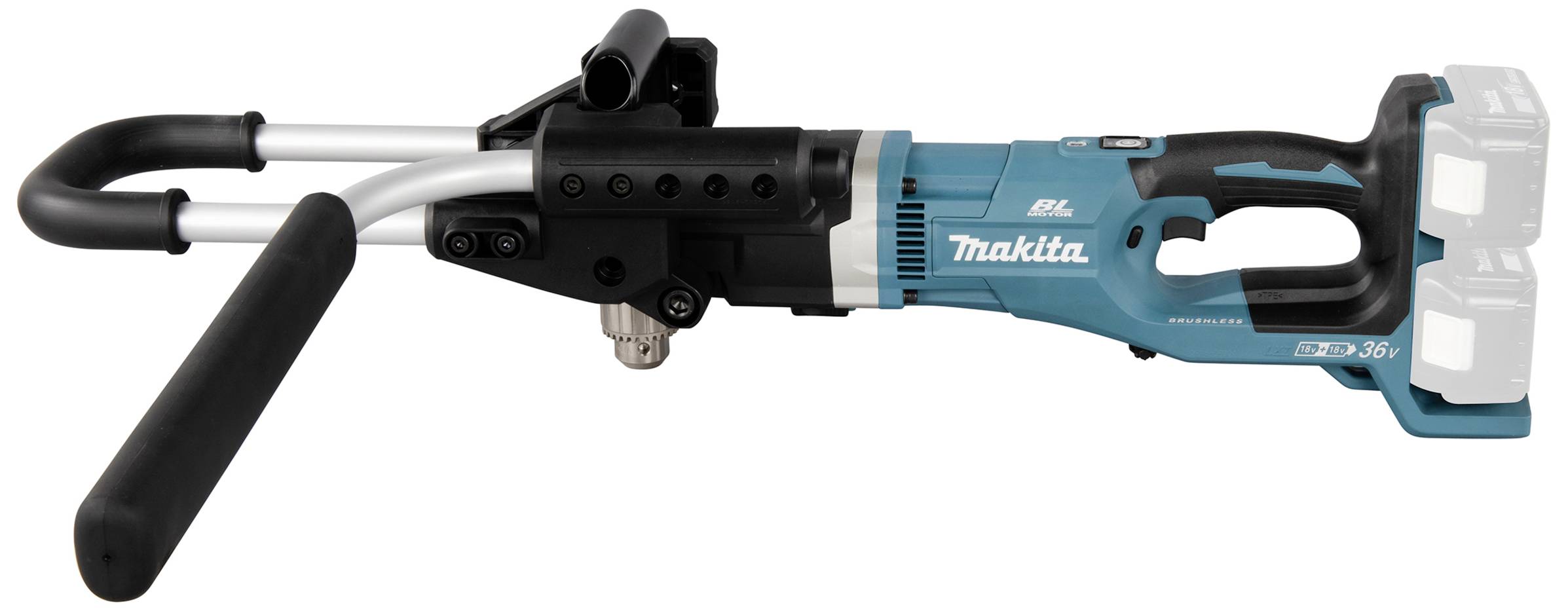 Battery-powered pipe cutter with two handles, blue-black design, dual battery compartments, suitable for cutting pipes in construction projects.