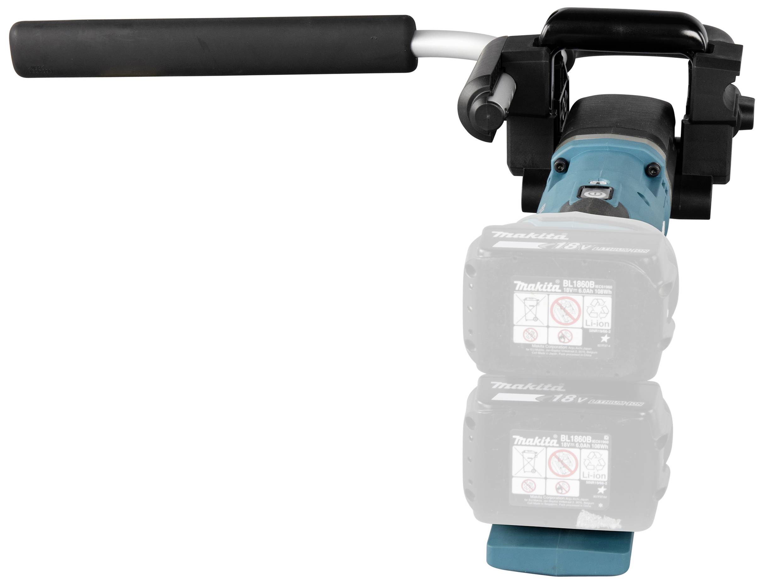 A blue, battery-powered angle grinder with a black handle. Two batteries are mounted side by side.