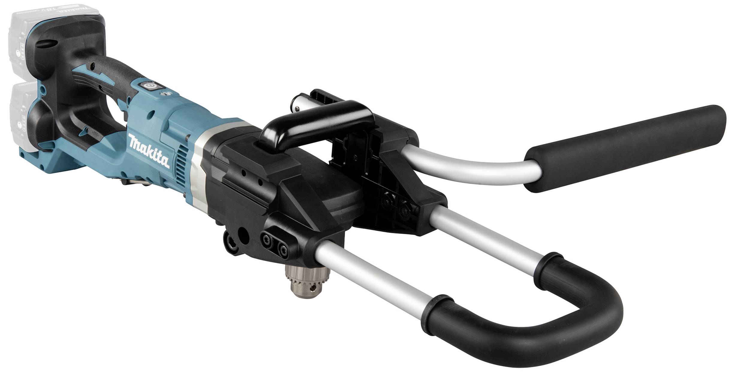 An electric hammer drill with a blue housing and black handle. Brand name visible on the side of the tool. Shown in profile view.