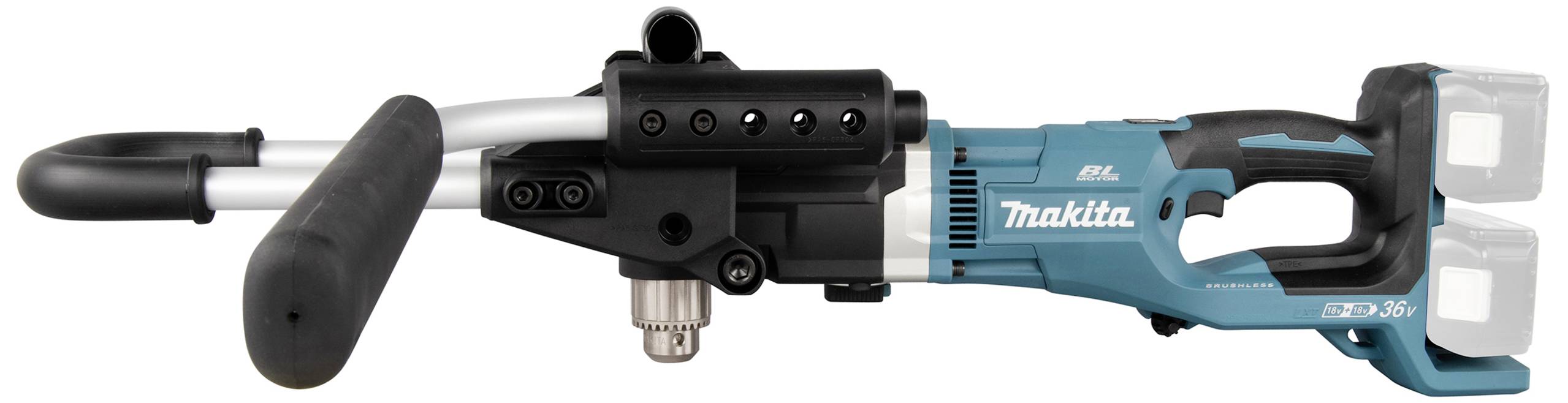 Electronic pipe bender in blue with a black handle and dual battery compartment.