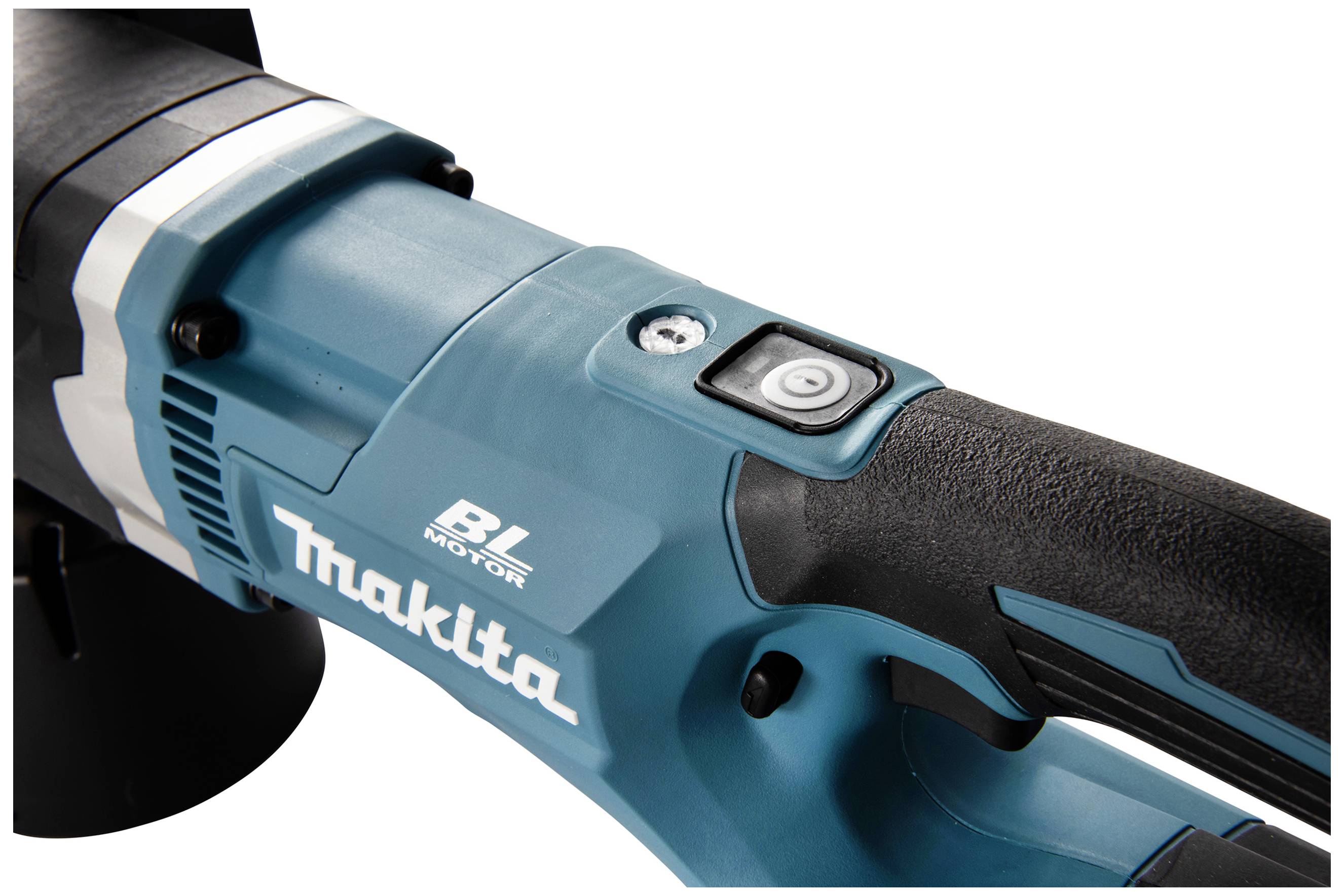 Close-up of an electric power tool, blue-black in colour, with a handle featuring a control button and 'Makita' inscription.