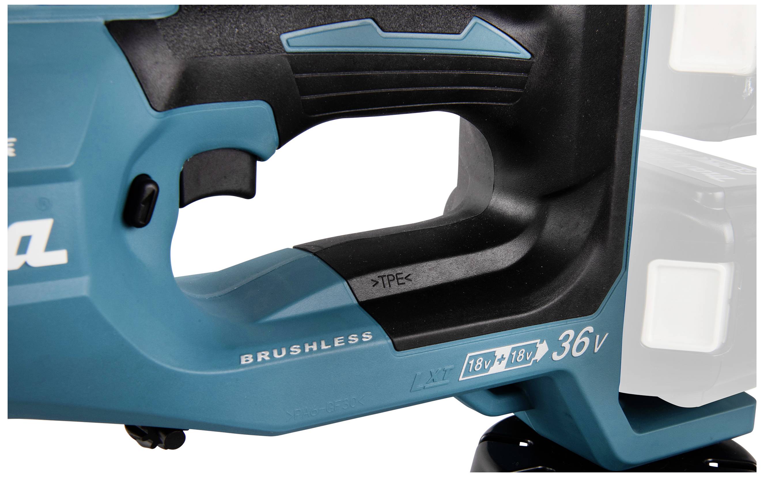 Handle of a blue electric tool with the inscription 'BRUSHLESS' and a display showing 18V + 18V equals 36V.