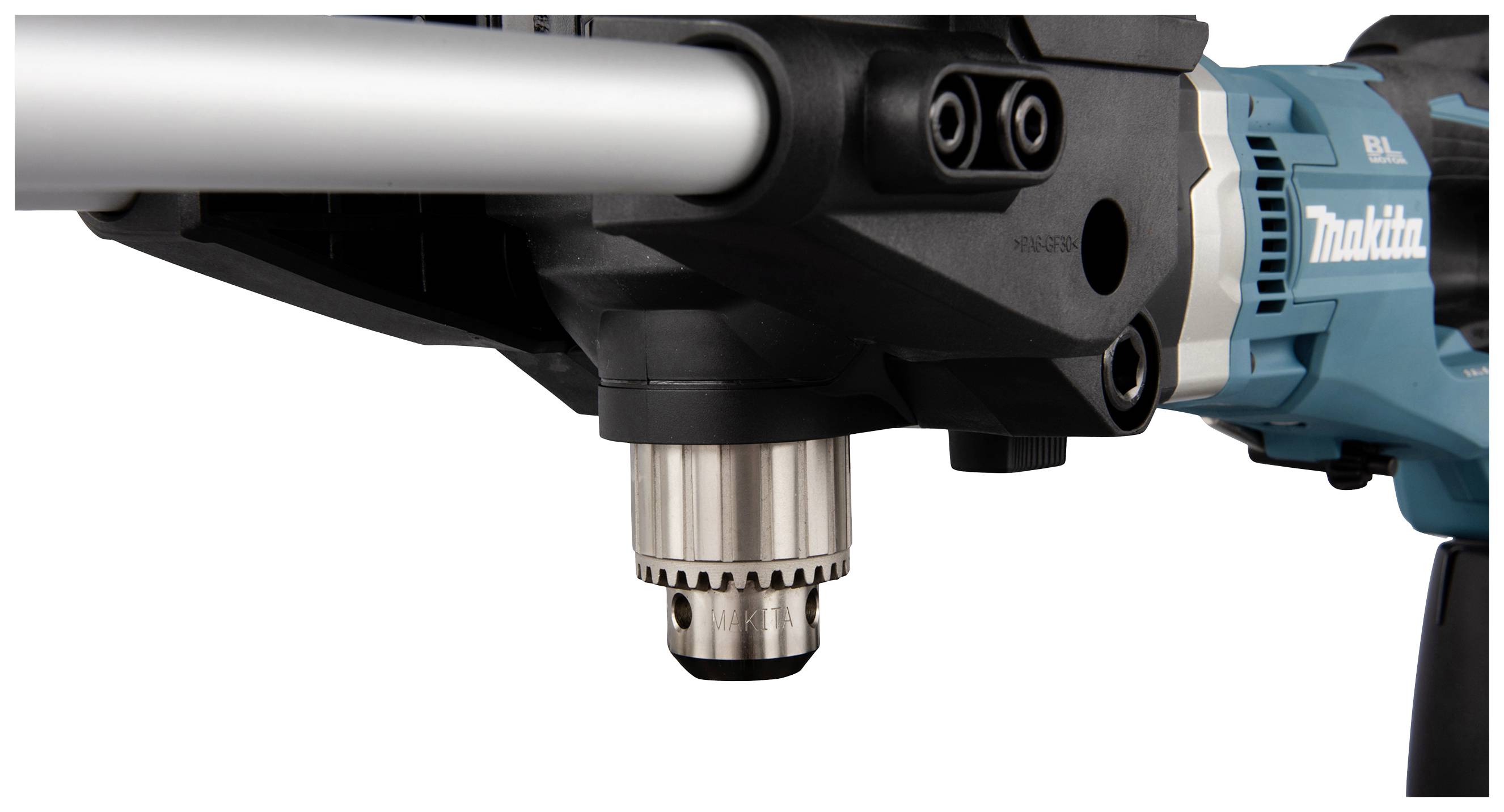 A navy blue and black electric power tool drill hammer in close-up. The drill head and the machine's brand logo are clearly visible.