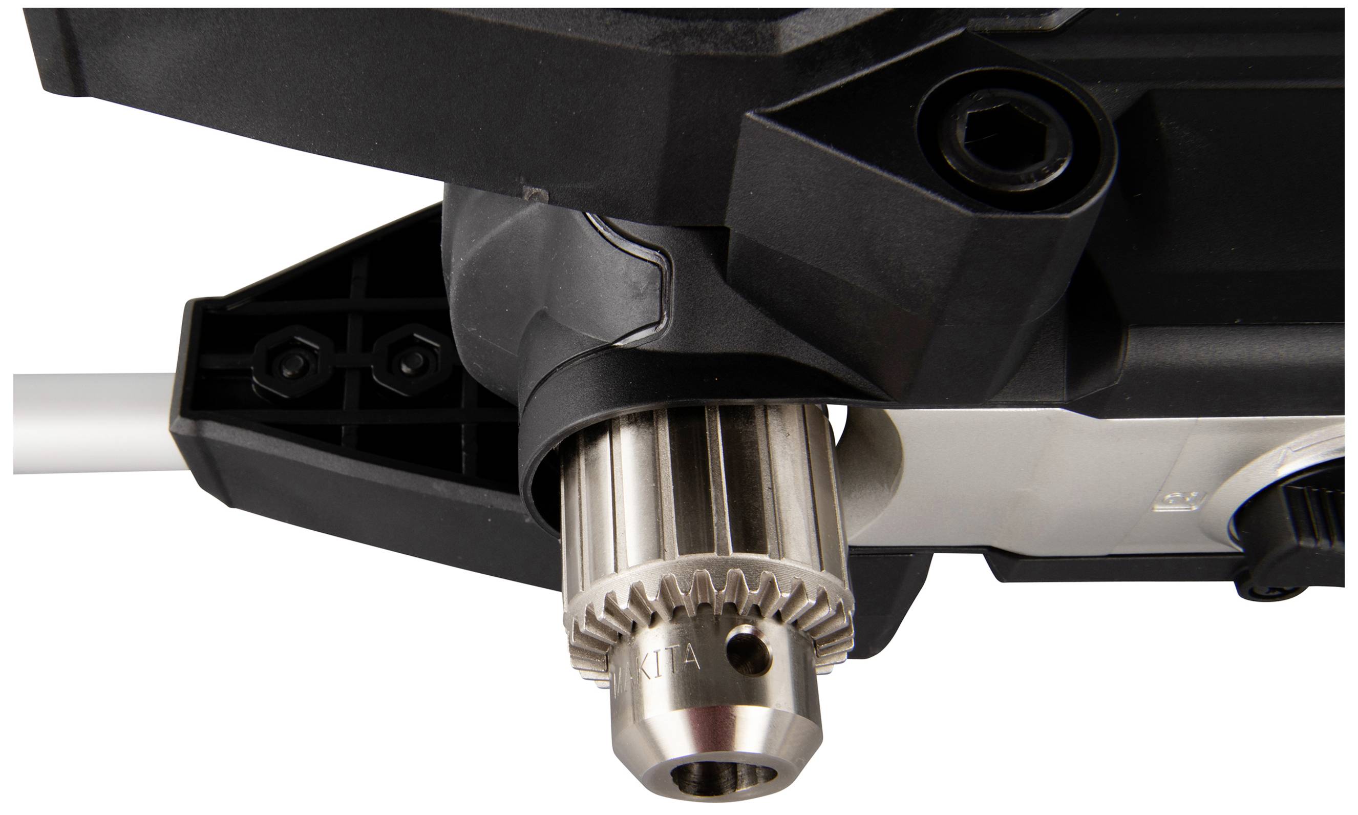 Close-up of a robust, black electric tool head with a silver metal drill chuck, indicating precision and strength.