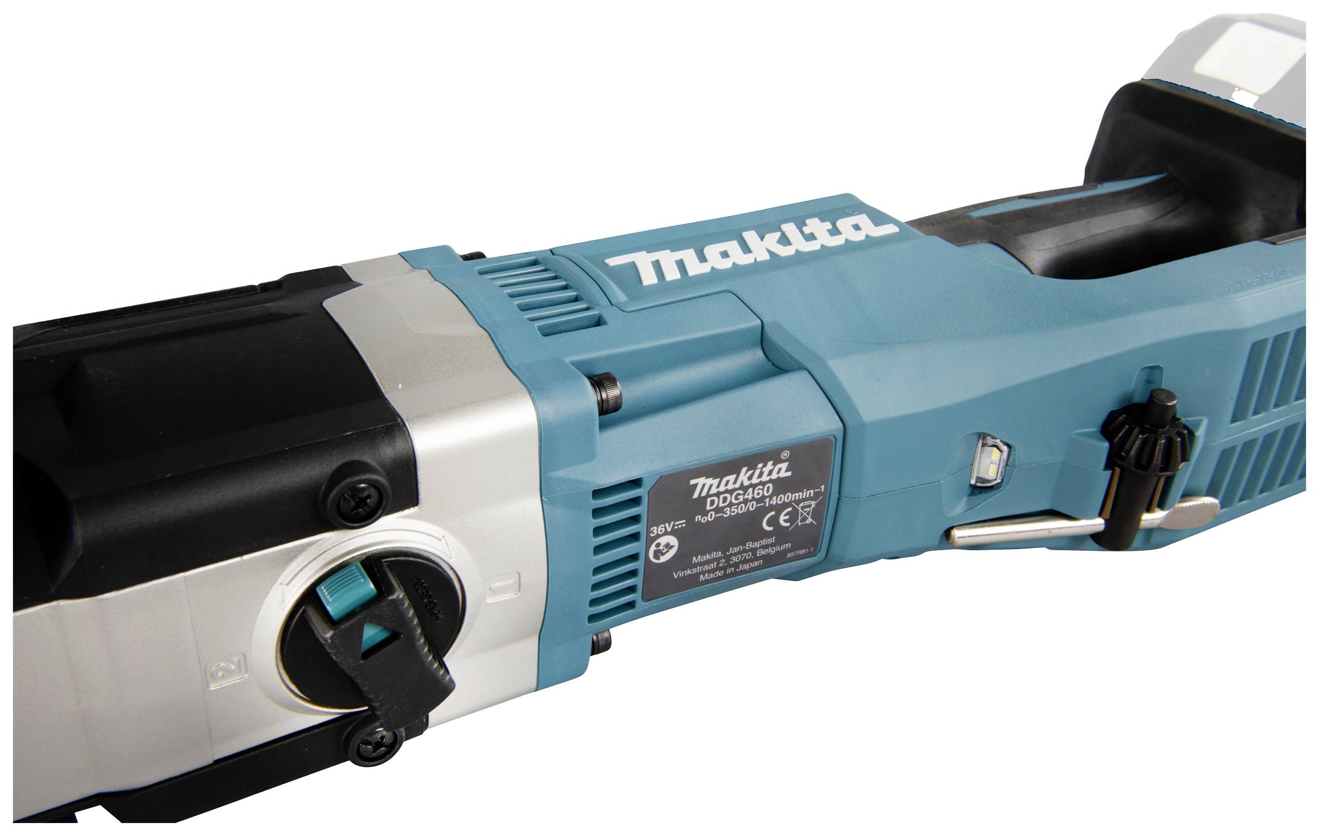 A blue Makita angle grinder with a black handle and power switch. Model number: DGA504.