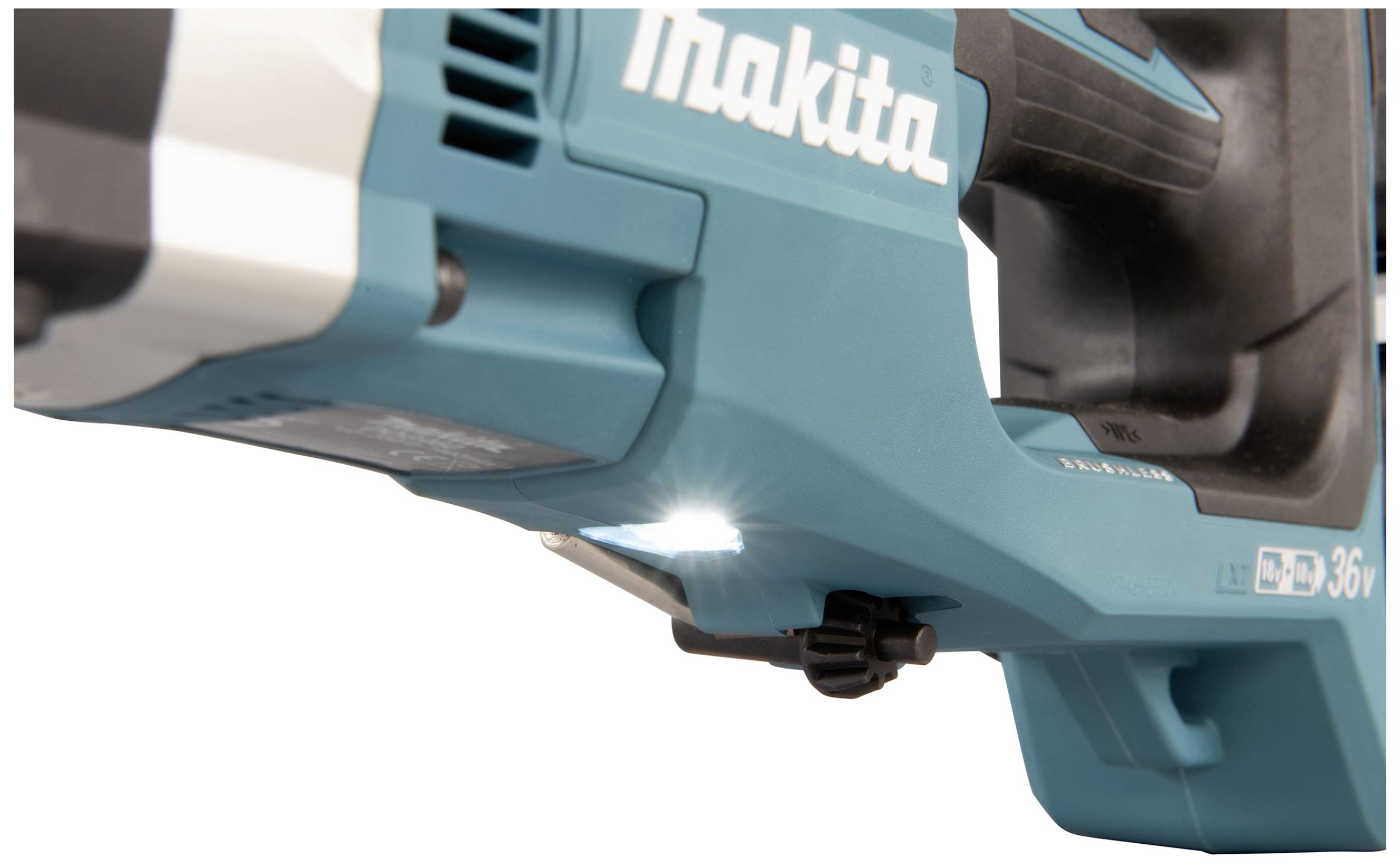 A light blue electric drill with an LED light that is switched on, side view.