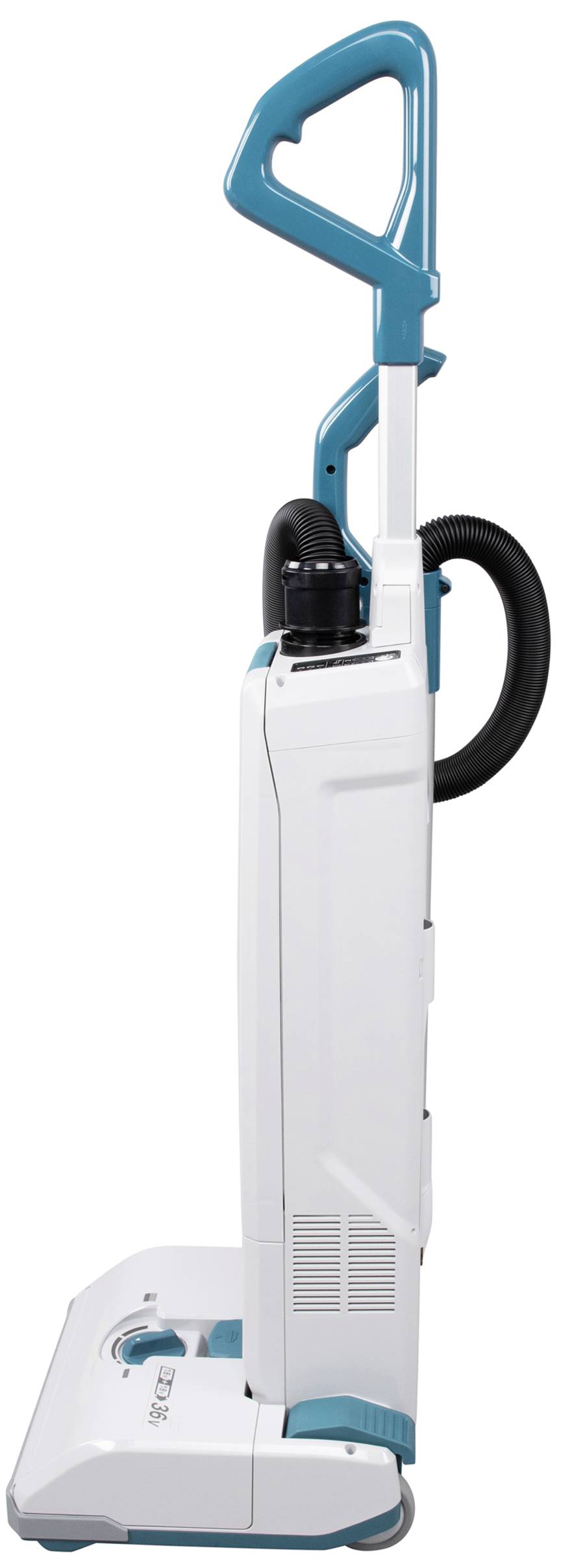 A white vacuum cleaner with a blue handle and hose, viewed from the side.
