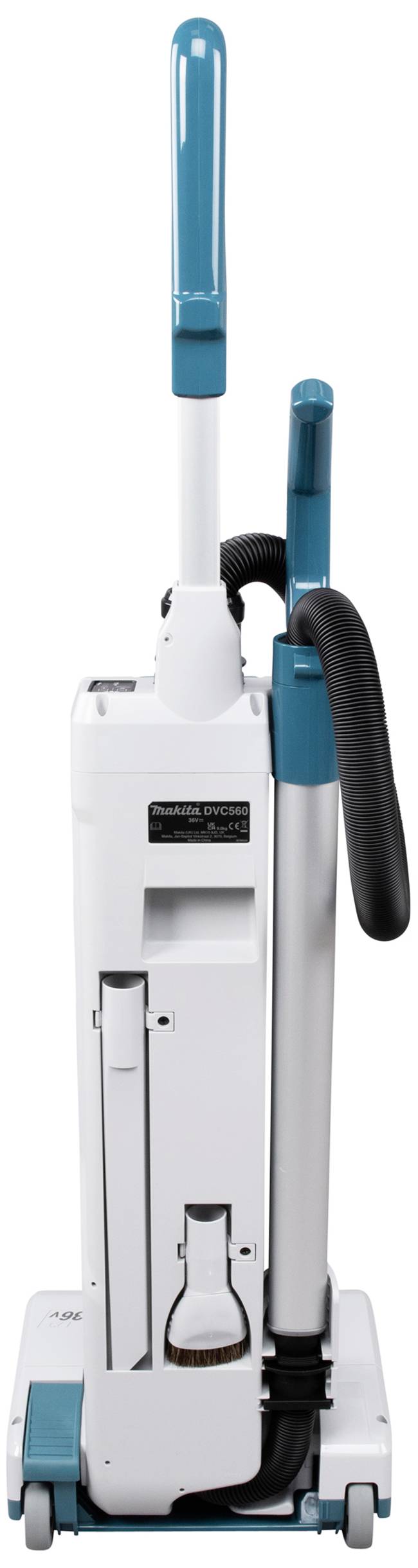 A white, upright vacuum cleaner with turquoise accents and a black hose.