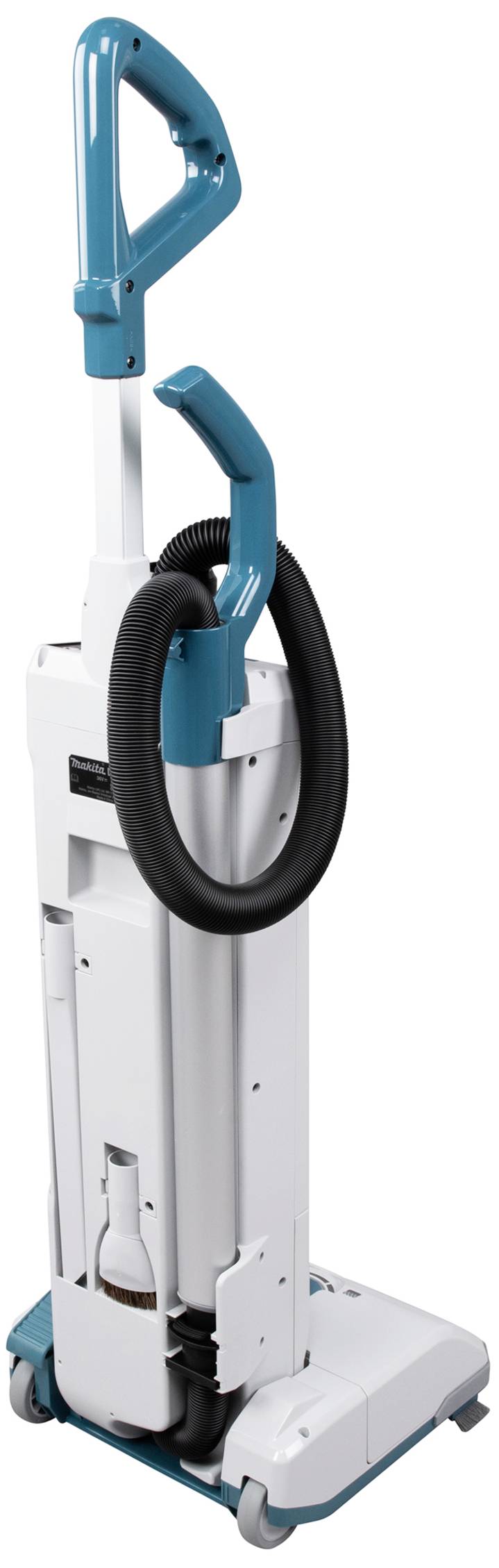 A white and blue upright vacuum cleaner with a hose in the foreground, set against a white background.
