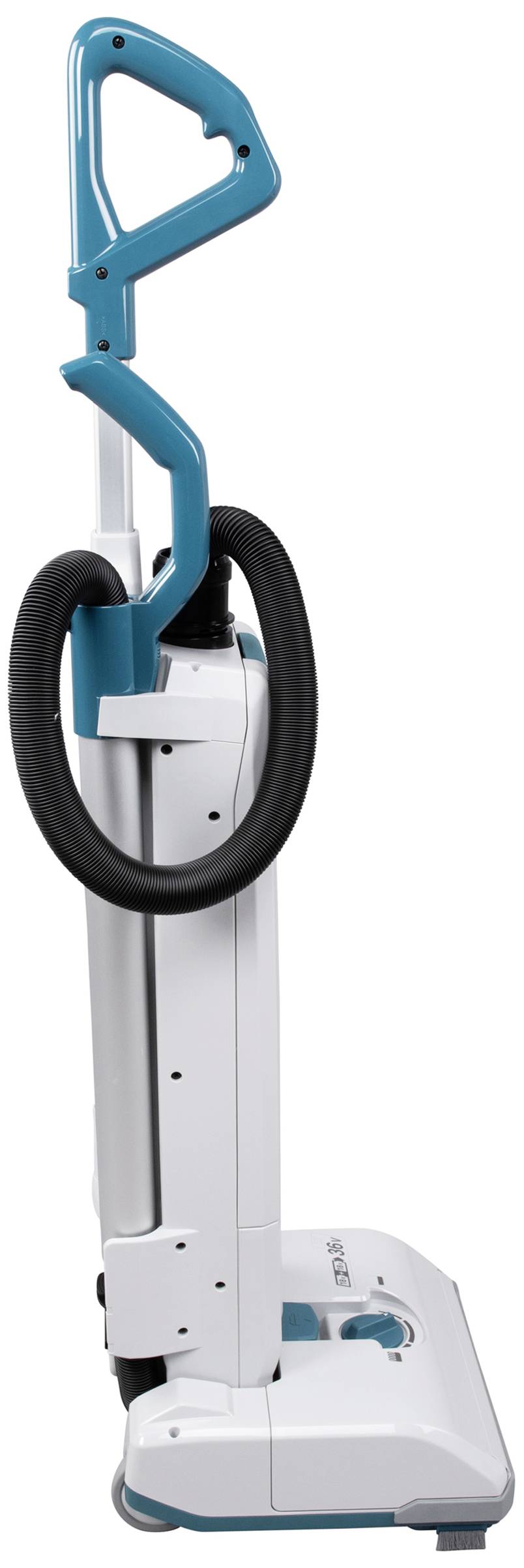 A blue and white upright vacuum cleaner, sleek design, side view, handle at the top, hose wrapped around the shaft.