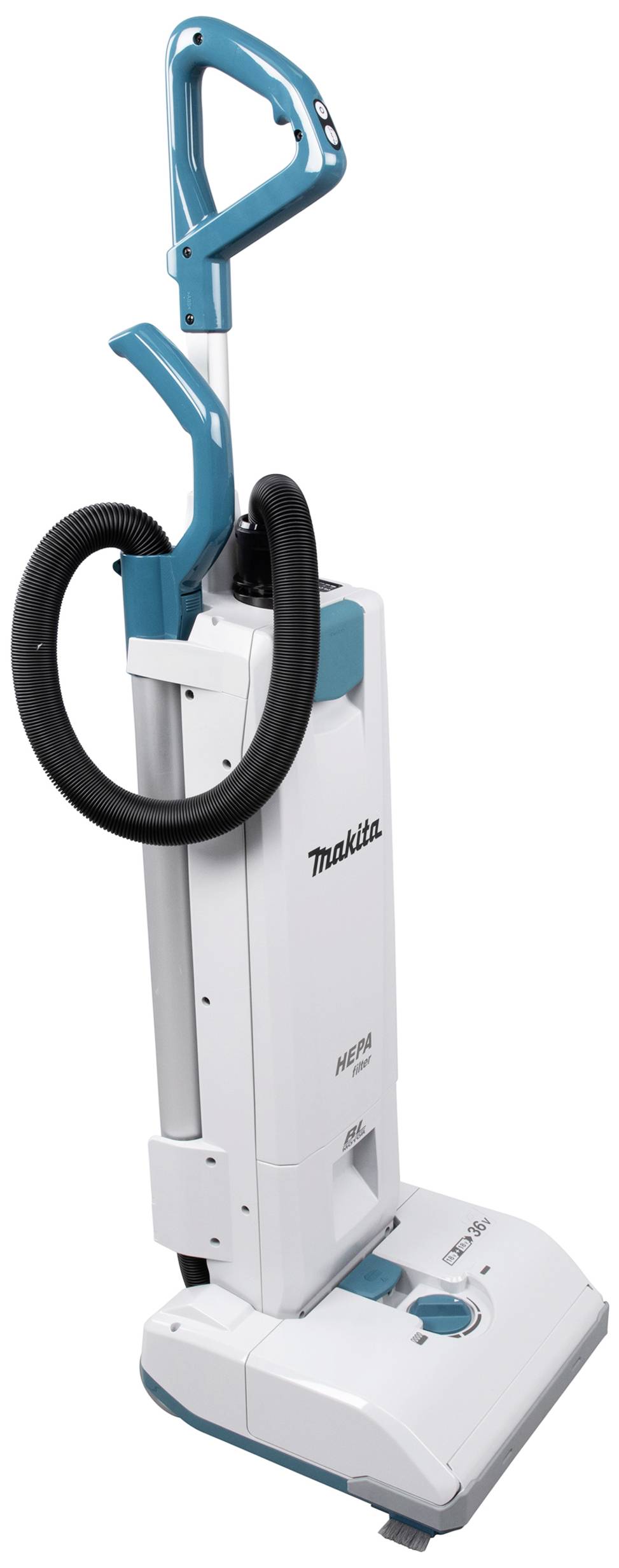 A white, upright vacuum cleaner with a blue handle and black hose. Brand names and models are visible.