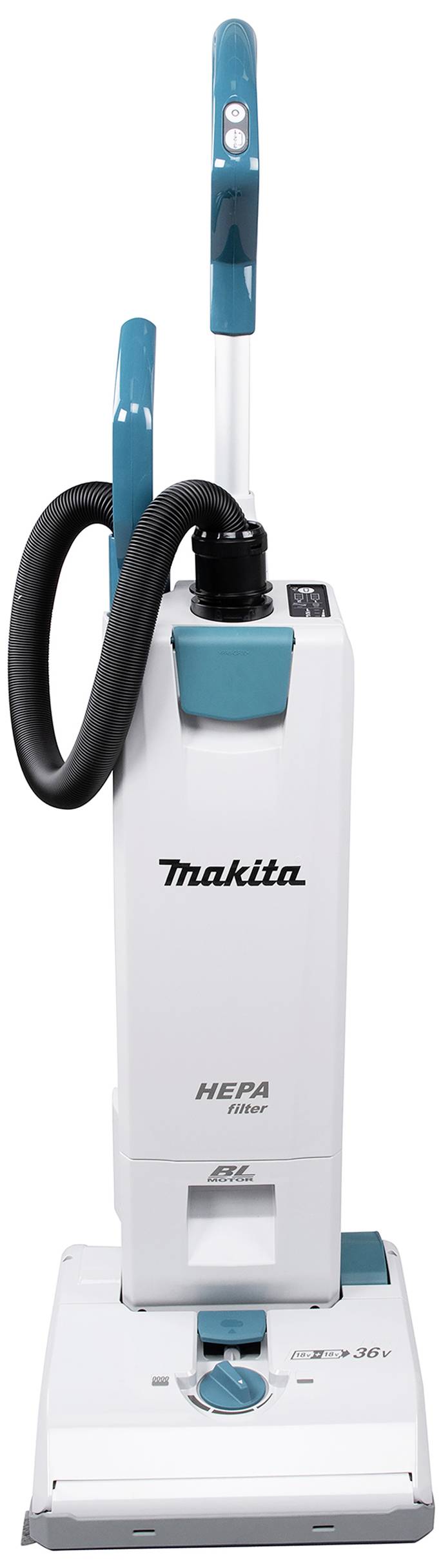 A white, upright vacuum cleaner with blue accents and the 'Makita' lettering on the front.