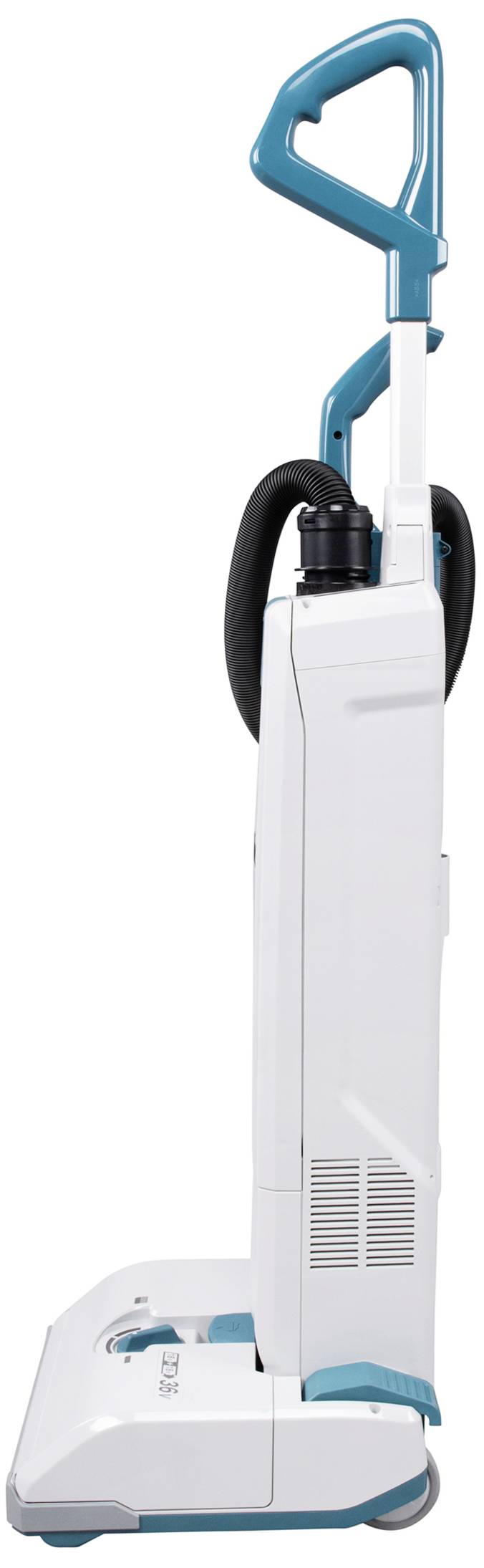 Side view of an upright white and turquoise vacuum cleaner with a slim design.