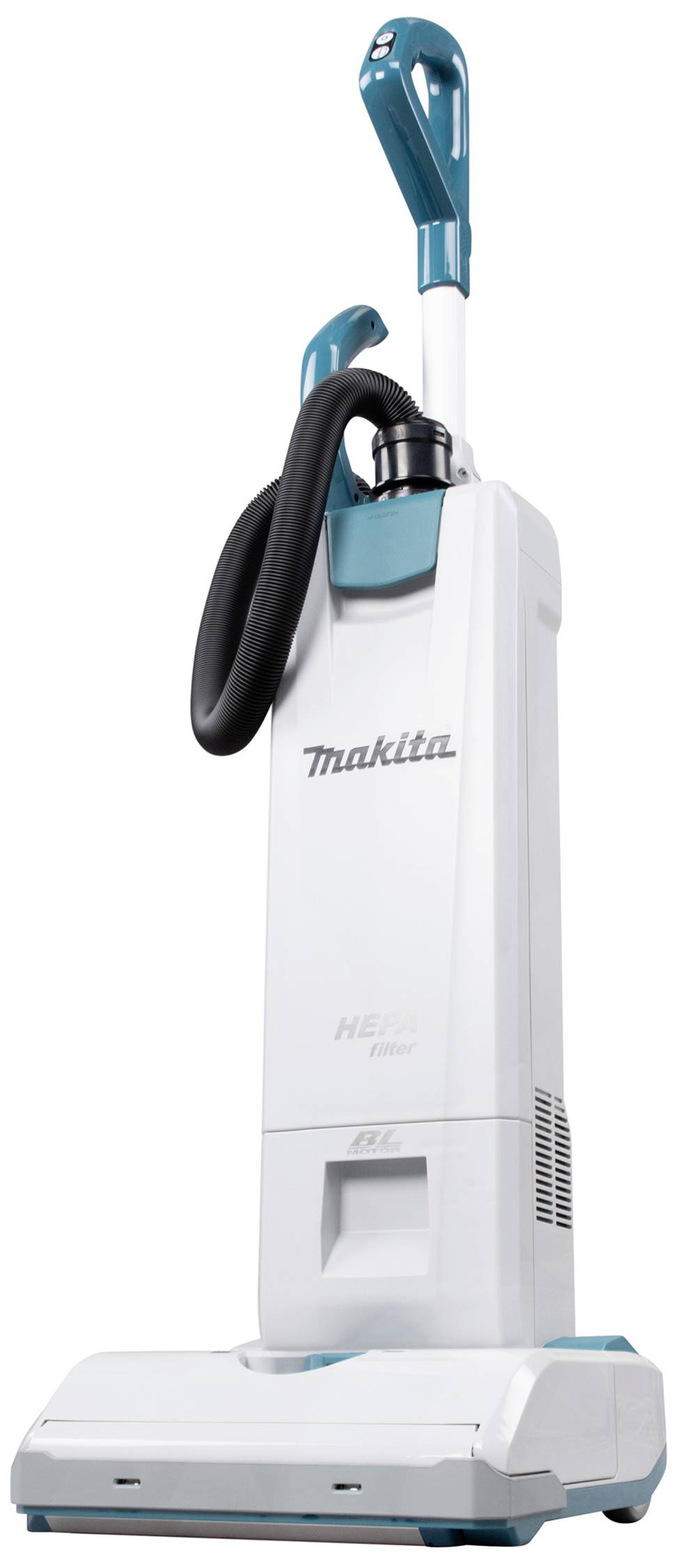 'Makita Vacuum Cleaner' in white with blue details. Upright standing, suitable for floor cleaning. Hose and handle visible at the top.