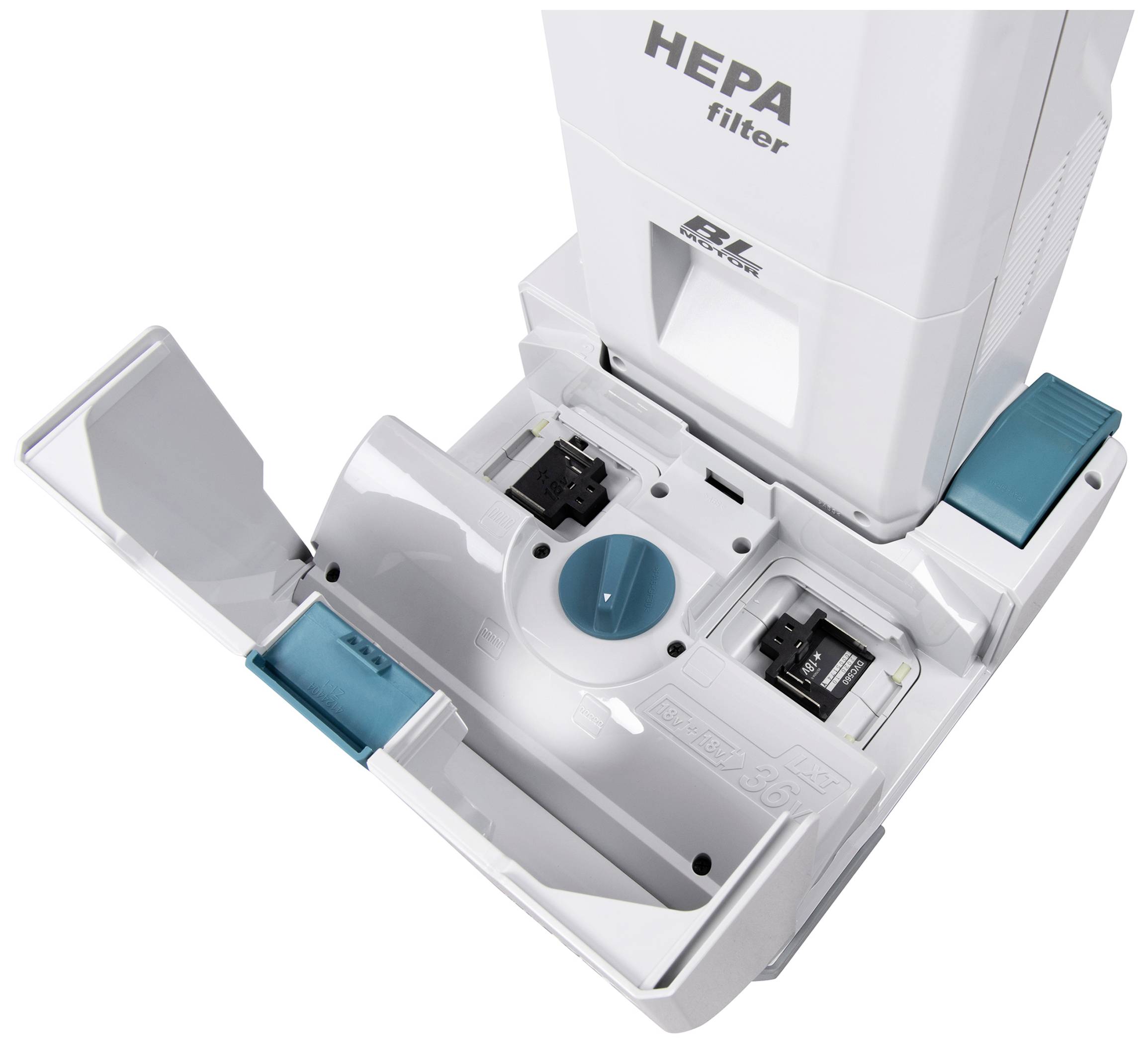 A vacuum cleaner with a visible HEPA filter and fold-out parts revealing the mechanism. Highlighted technical details.