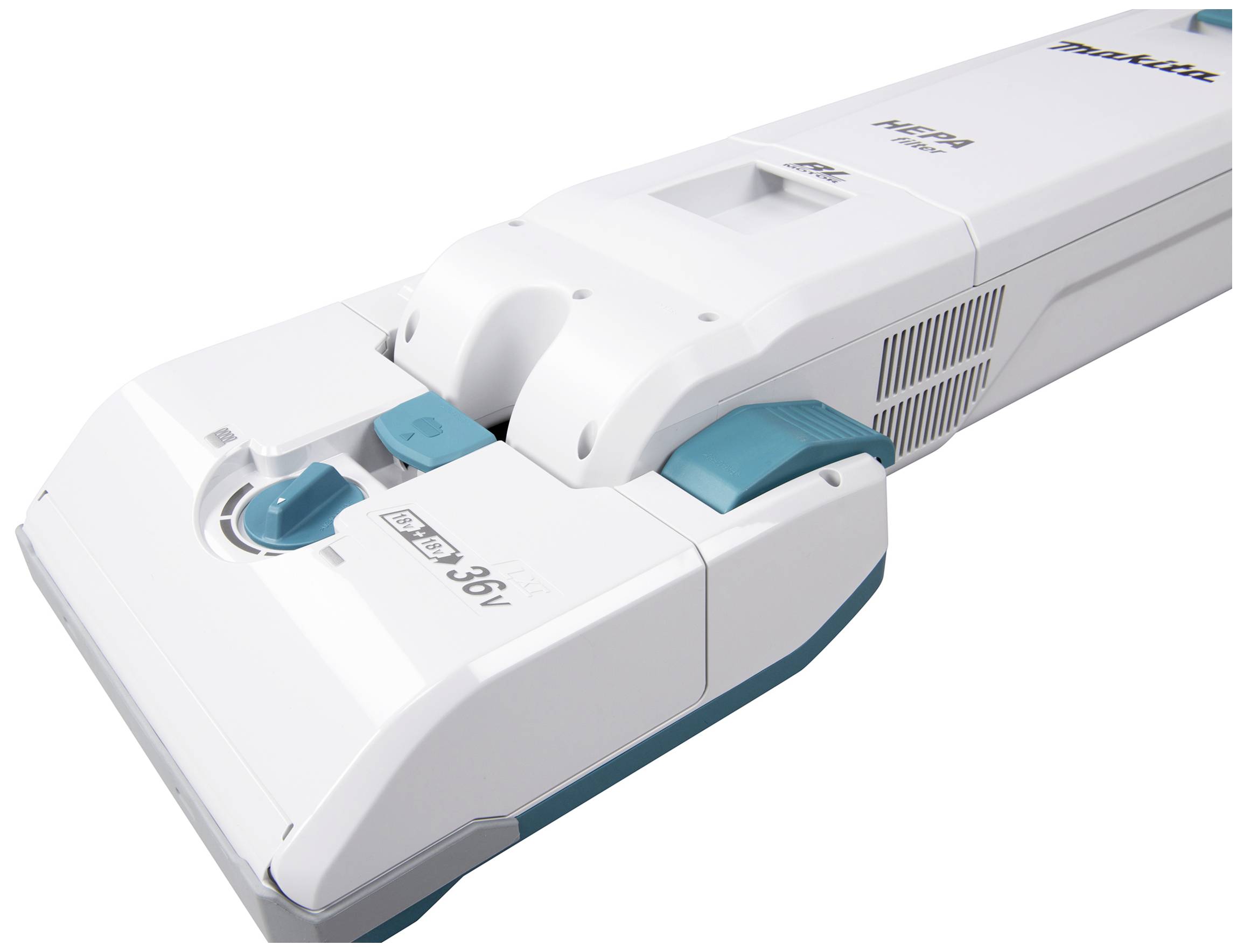 A white, cordless vacuum cleaner with turquoise accents, lying on a smooth surface, displays the brand on its top side.