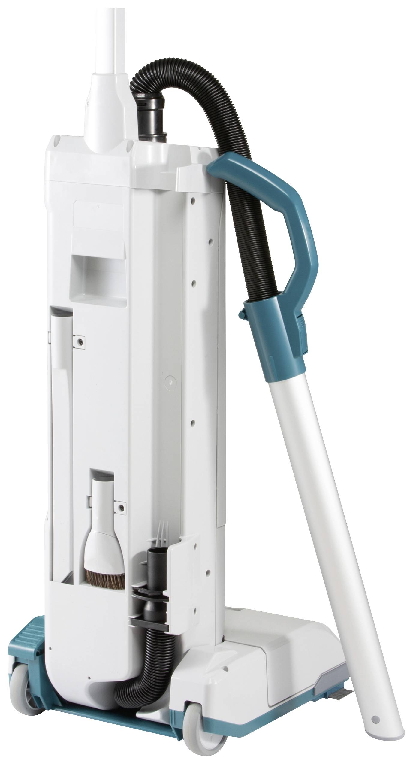 A white and turquoise vacuum cleaner with an ergonomic handle and detachable nozzle, standing on small wheels.