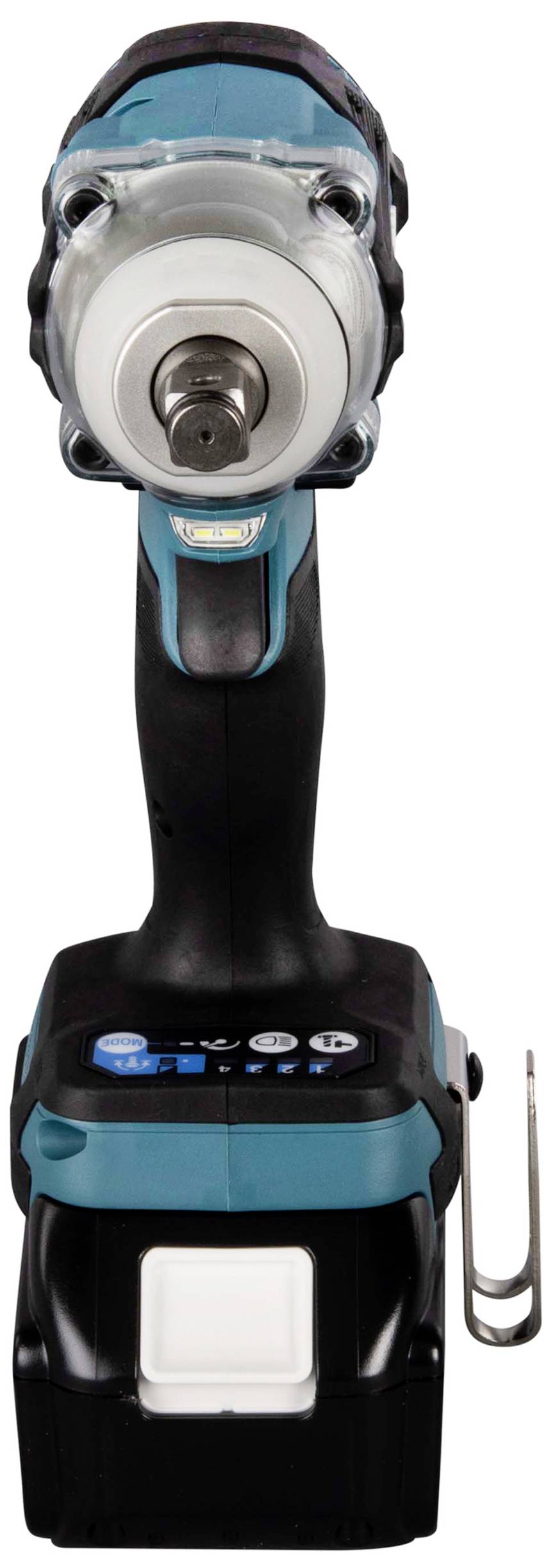 Impact driver with blue-black handle and metal head, pictured from the front. Suitable for tightening screws in construction projects.