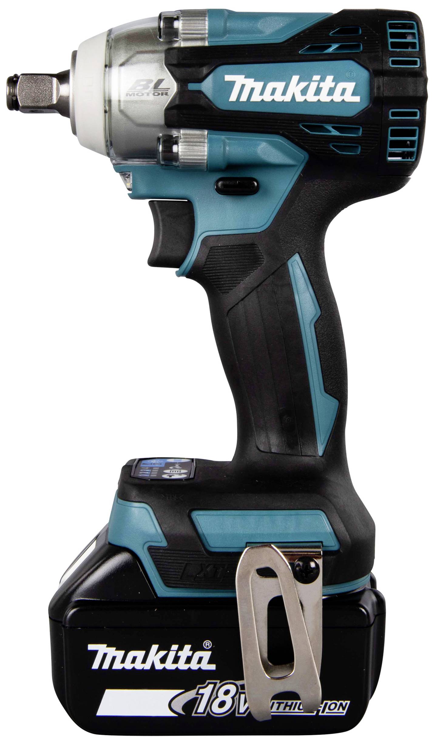 Makita cordless impact wrench, Model XWT08Z, viewed from the side with 18V lithium-ion battery.