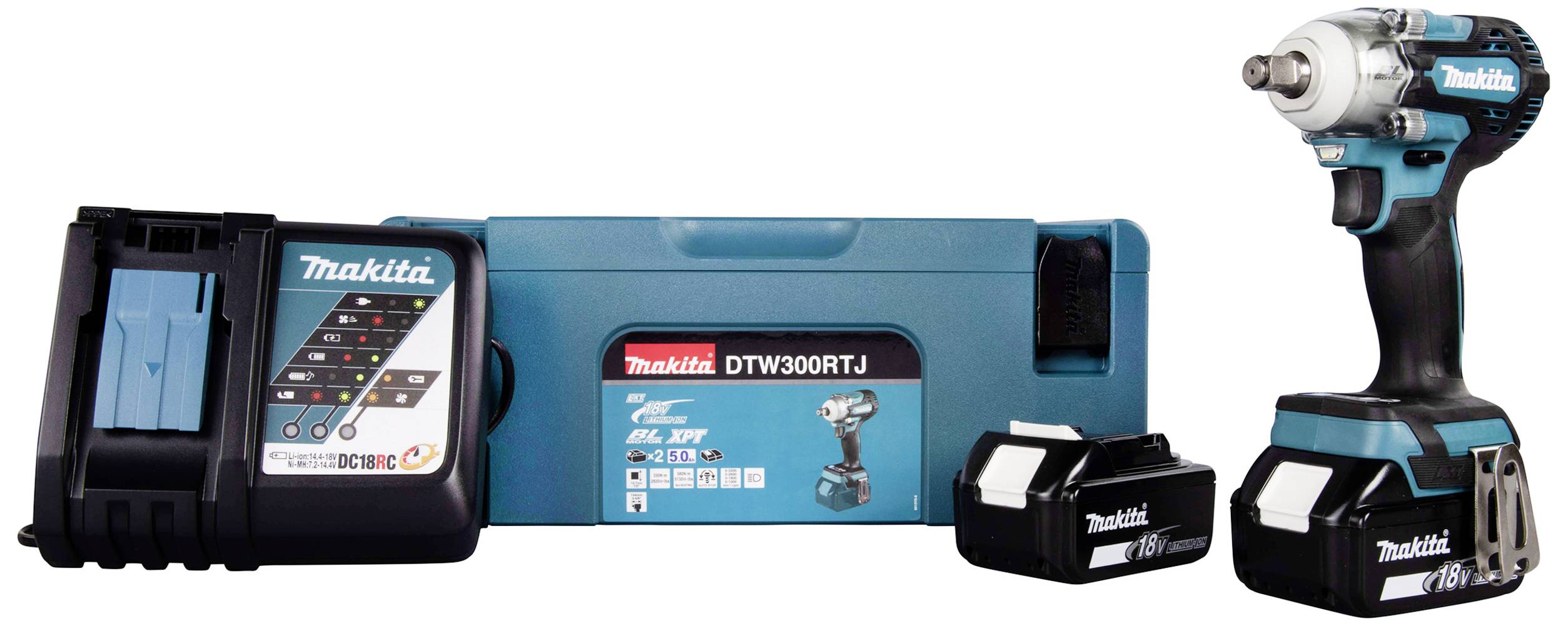 Combination of a Makita cordless impact driver, charger, and two batteries, presented in a blue case.