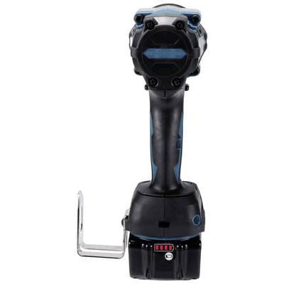 A black and blue cordless drill driver with a hanging hook and battery status indicator in the handle area.